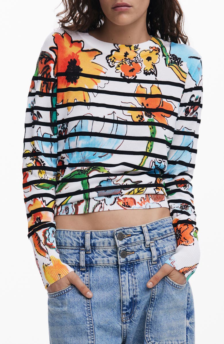 Desigual Stripe Floral Sweater, Main, color, White Multi