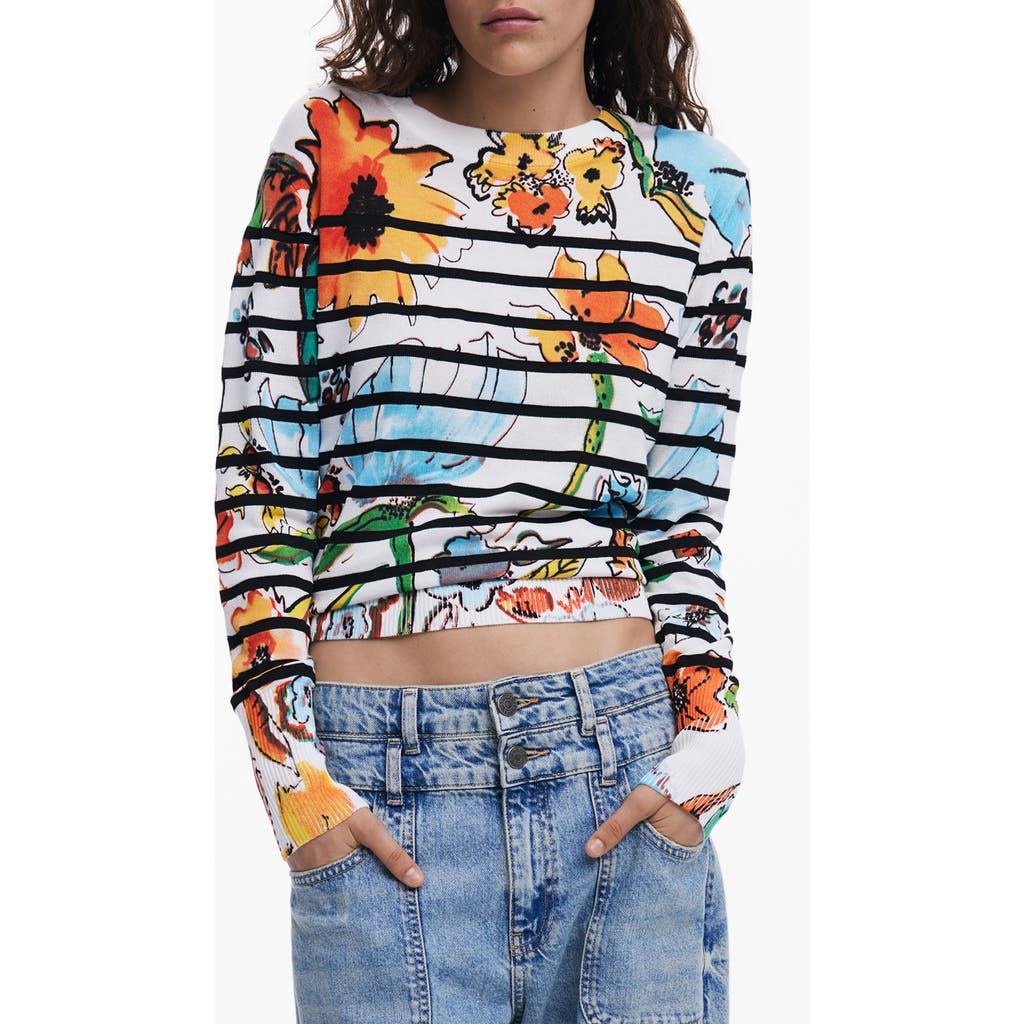 Desigual Stripe Floral Sweater In White Multi