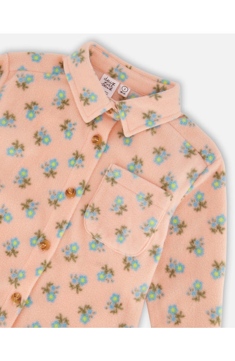Deux par Deux Little Girl's Printed Polar Fleece Shirt Peach With Blue Flowers, Alternate, color, Printed Flowers