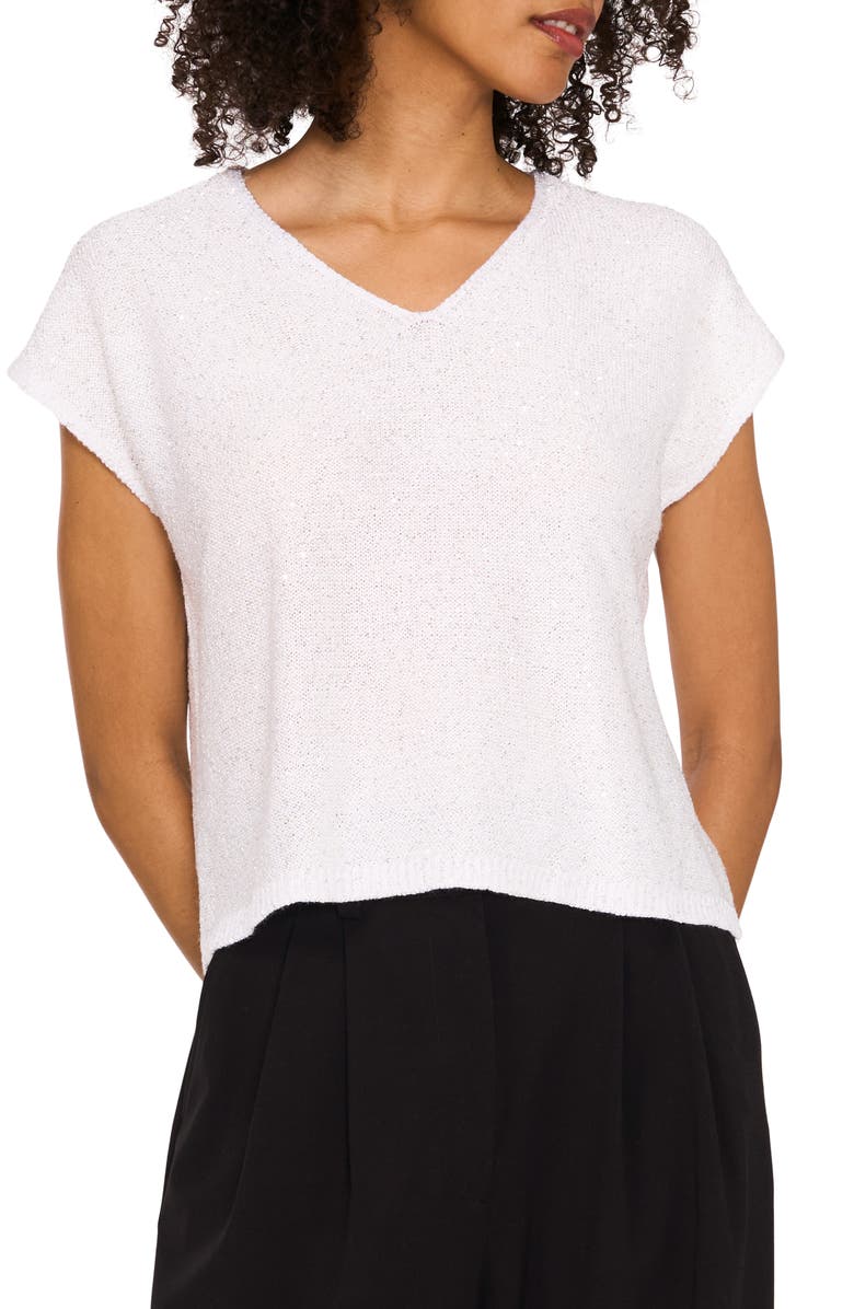 Vince Camuto Sequin Accent Short Sleeve Sweater, Main, color, Antique White Silver