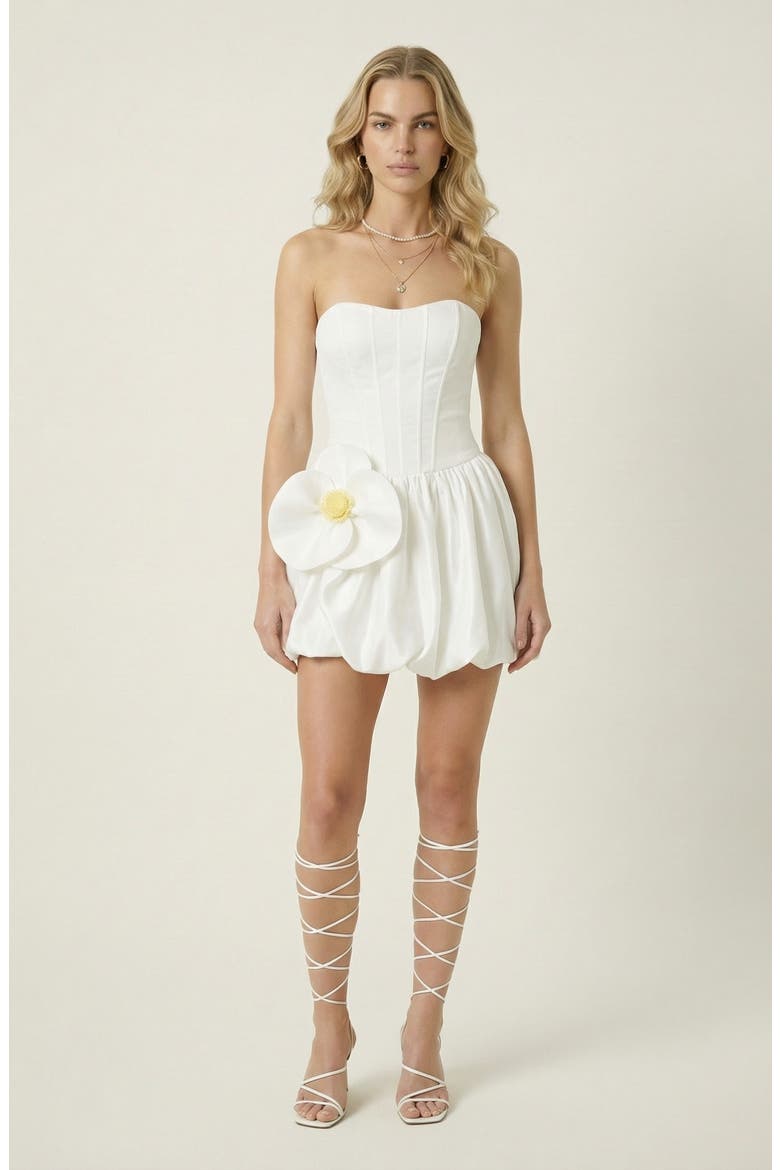 Strapless Flower Bubble Mini Dress, Main, color, White / Yellow Flower