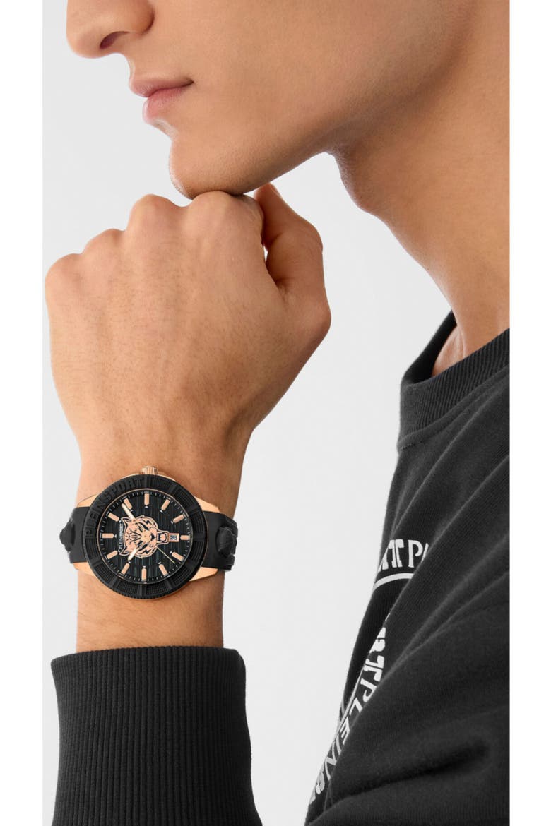 City Rush Three Hand Quartz Silicone Strap Watch, 45mm, Alternate, color, ROSE GOLD