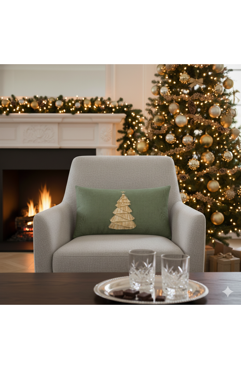 Elaine Smith Fraser Fir Handmade Applique Woven Accent Holiday Pillow, Alternate, color, Fern