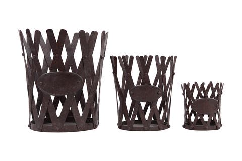Distressed Brown Metal Planters with Accordion Style Sides (Set of 3 Sizes)