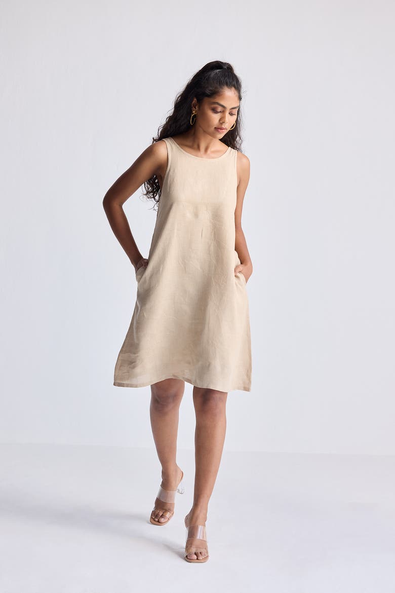 Hemp Short Dress with Back Embroidery, Alternate, color, Beige