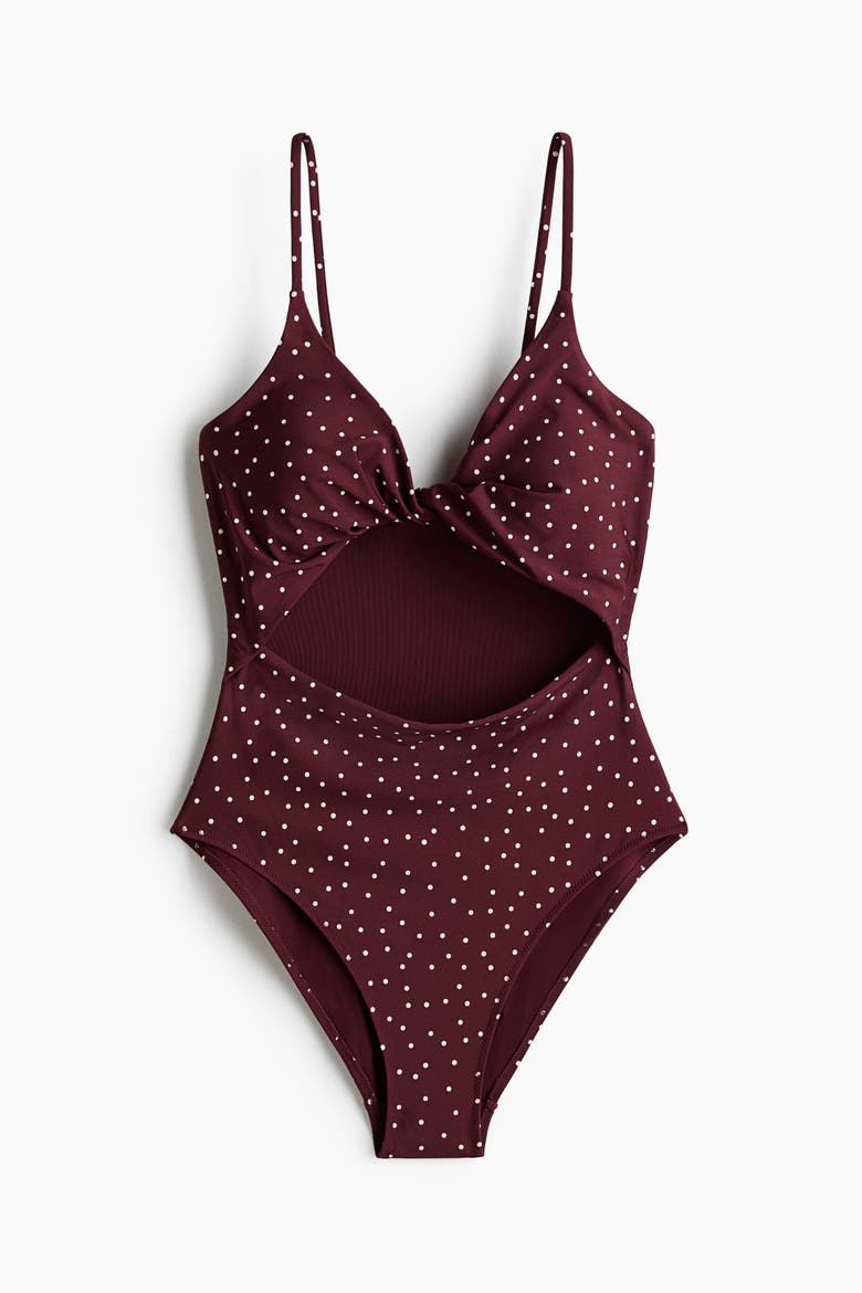 Padded-cup High Leg Swimsuit, Alternate, color, Burgundy/polka dot