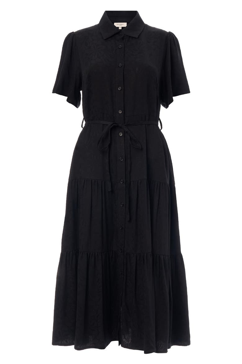 Jacquard Tiered Belted Midi Dress, Alternate, color, Black