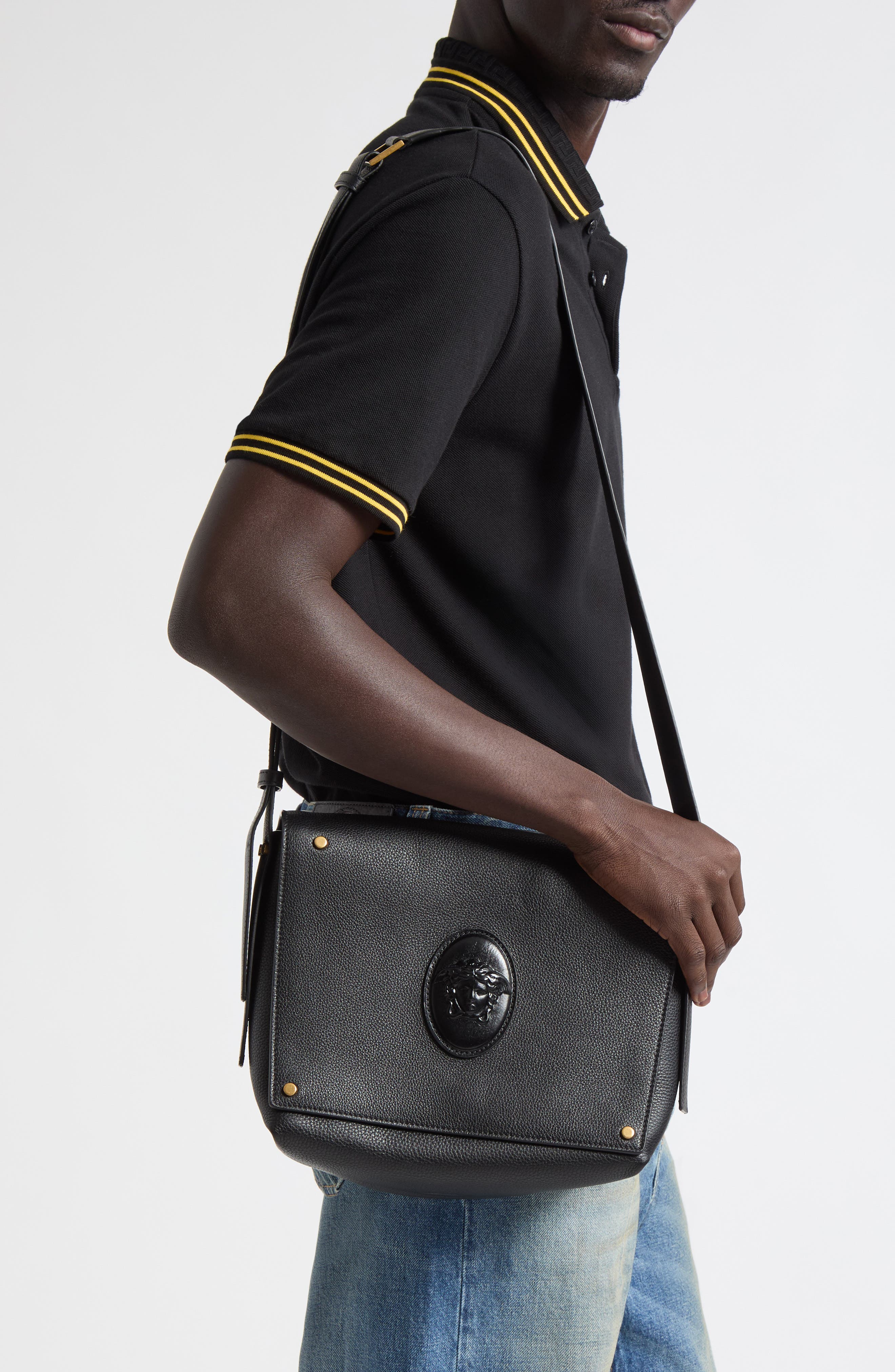 Small Medusa Leather Messenger Bag, Alternate, color, BLACK-GOLD 82
