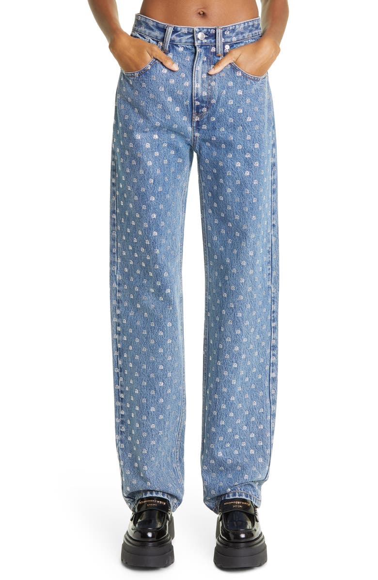 Alexander Wang Embellished Crystal Logo High Waist Relaxed Straight Leg Jeans, Main, color, 