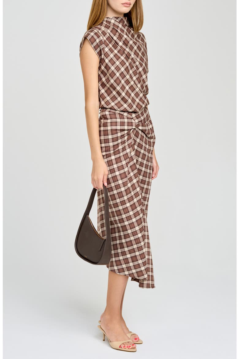 Laurel Plaid Drape Detail Cotton Skirt, Alternate, color, BROWN