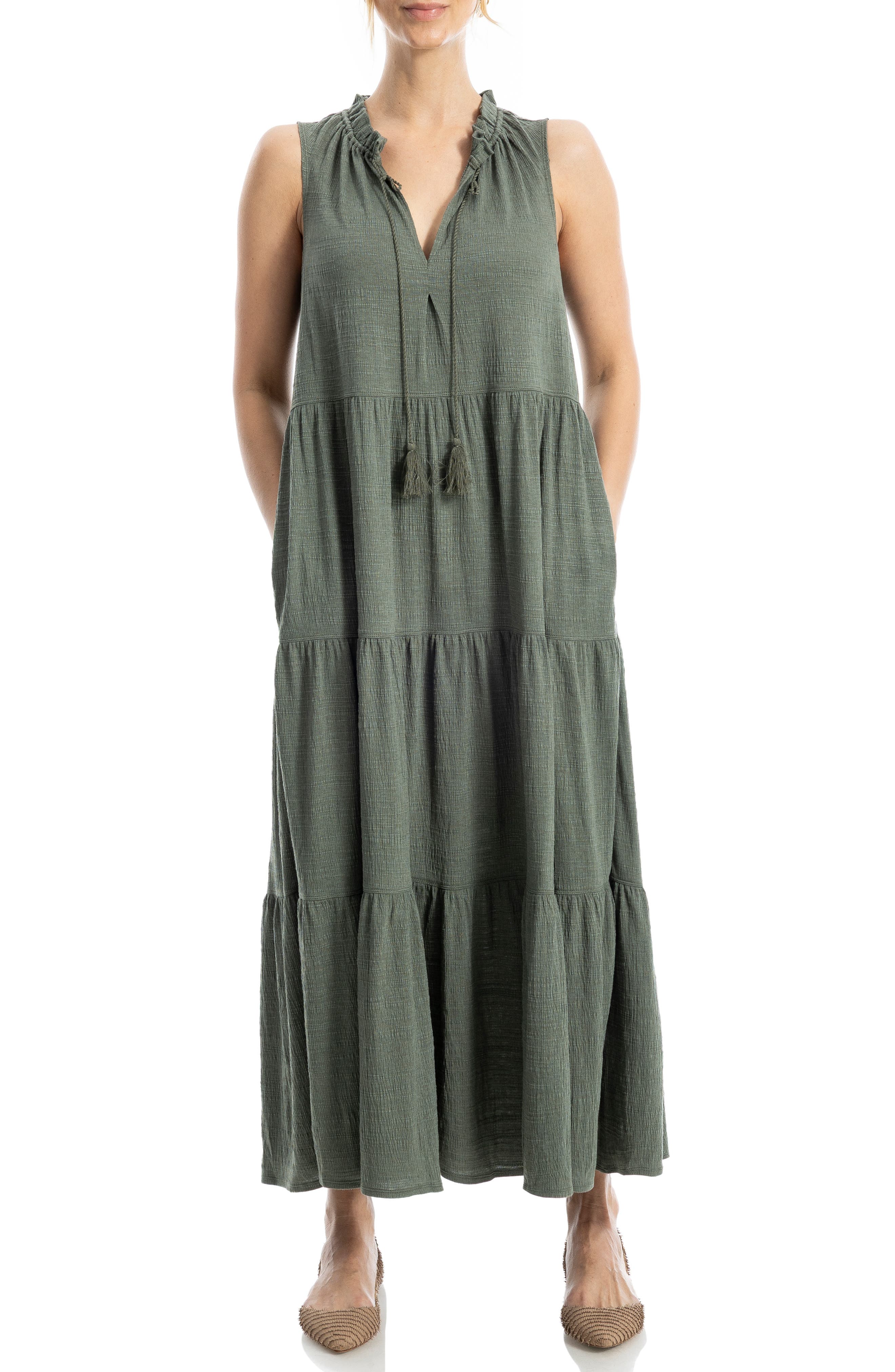 MAX STUDIO Tie Neck Tiered Jersey Maxi Dress