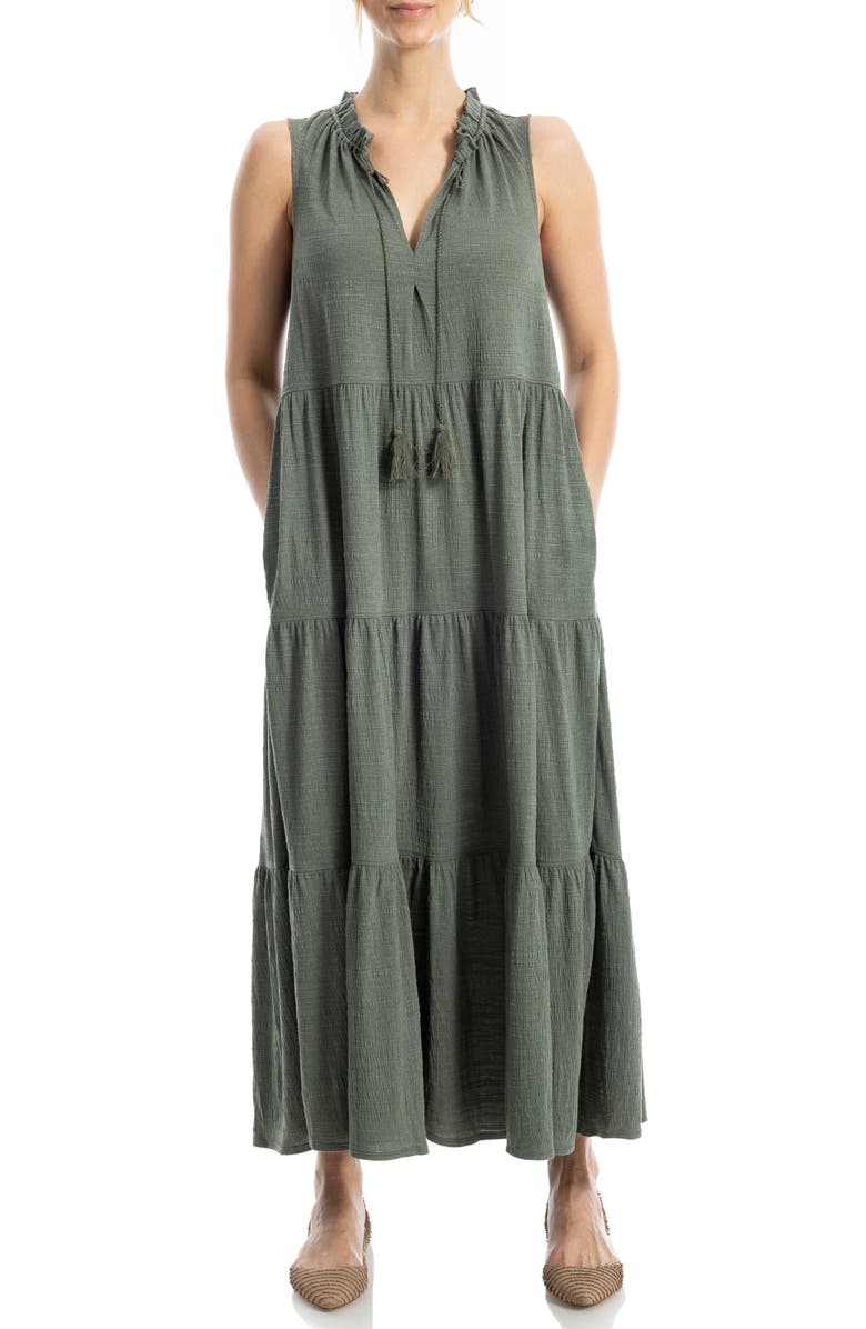MAX STUDIO Tie Neck Tiered Jersey Maxi Dress, Main, color, Army-Army