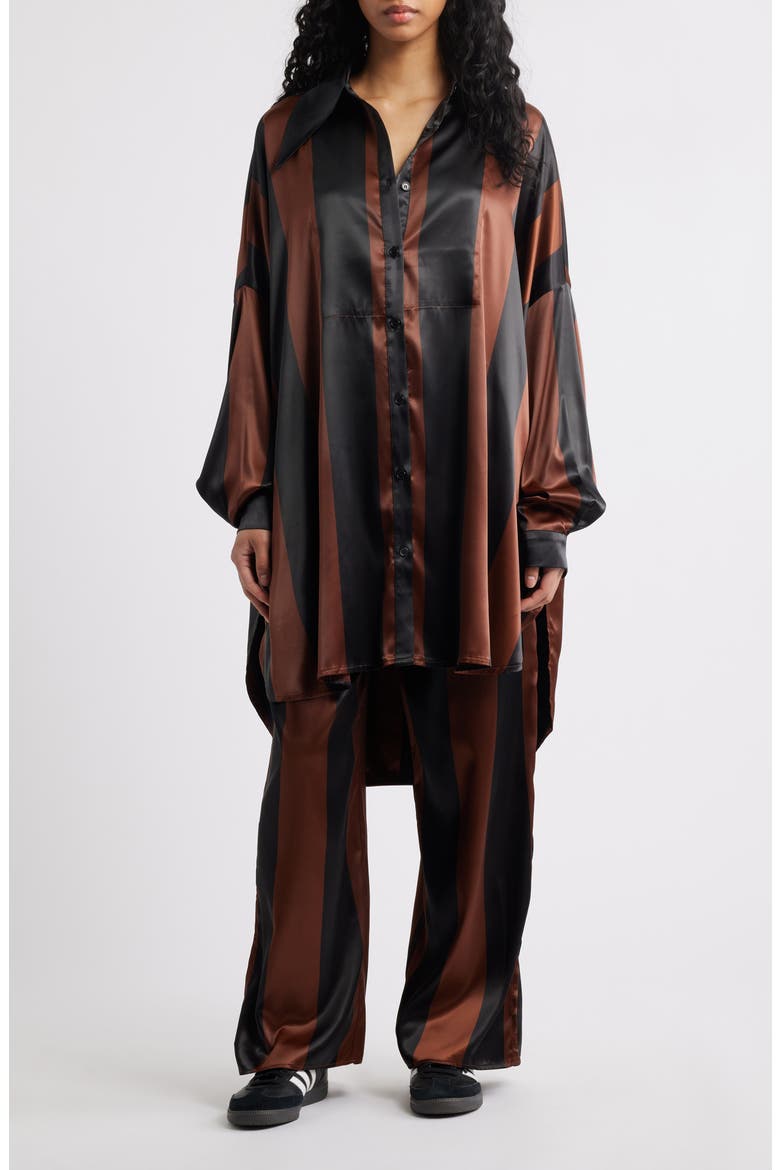 Posh Stripe Oversize Satin Button-Up Shirt & Pants Set, Main, color, BROWN/ BLACK STRIPE
