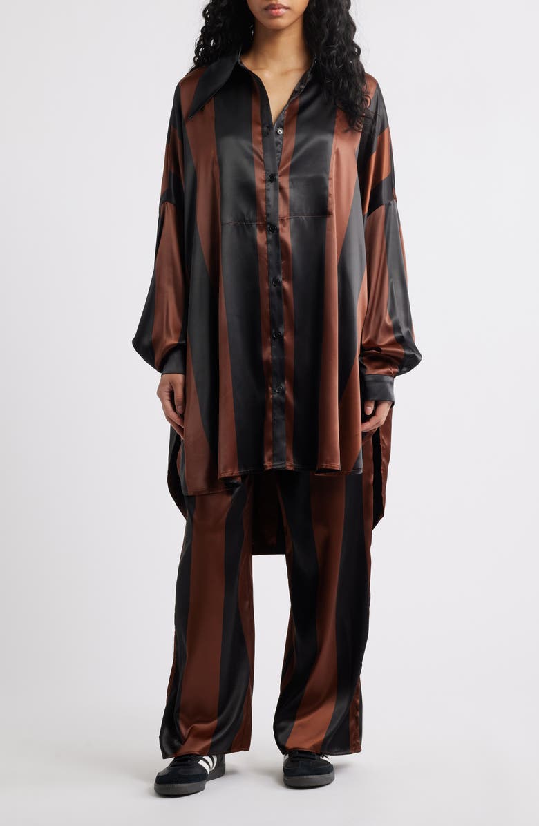 Dressed in Lala Posh Stripe Oversize Satin Button-Up Shirt & Pants Set, Main, color, Brown/ Black Stripe