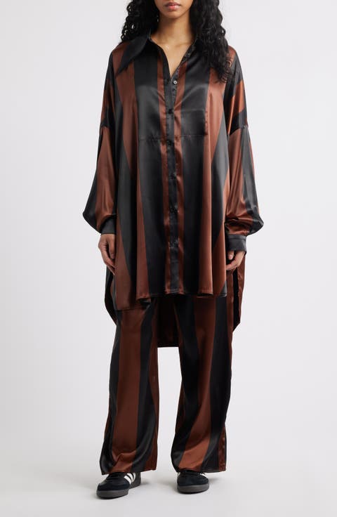 Posh Stripe Oversize Satin Button-Up Shirt & Pants Set