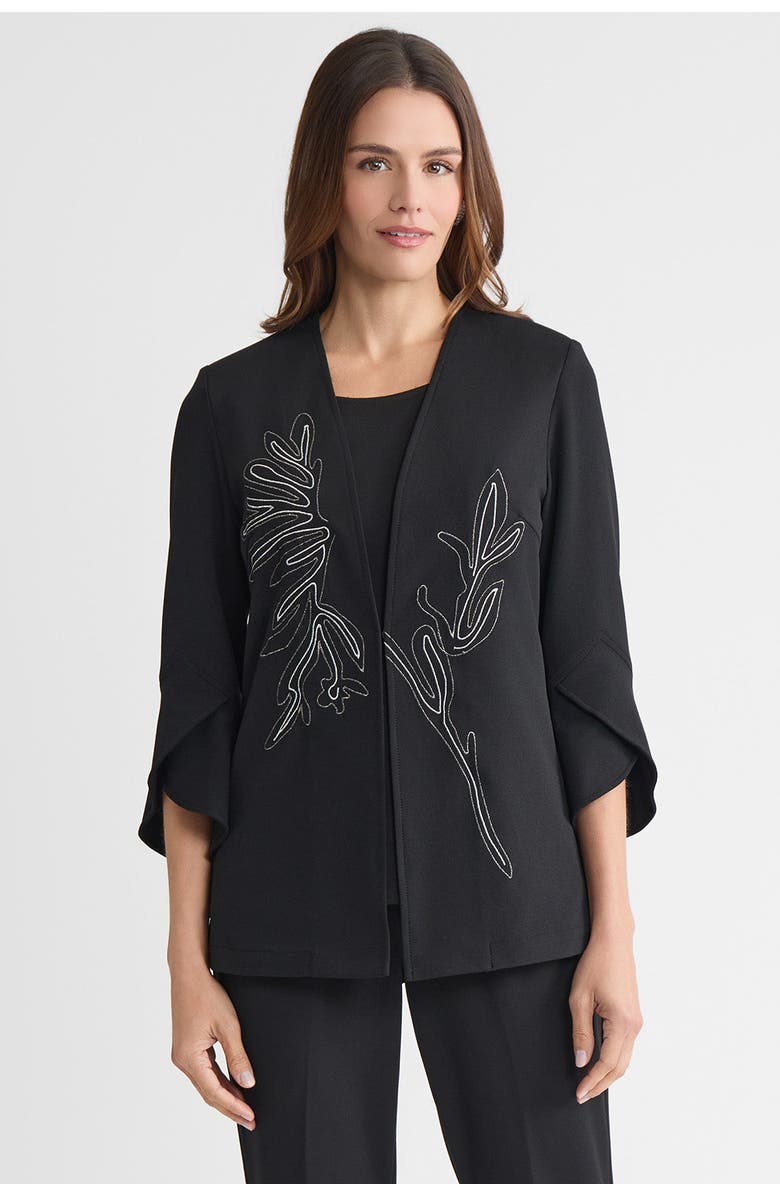 Ming Wang Floral Printed Stretch Deco Crepe Jacket, Main, color, Black
