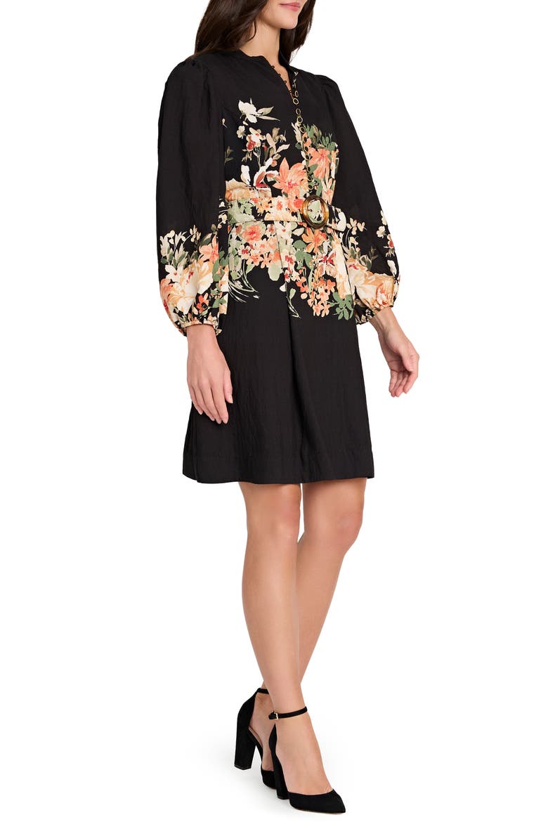 Border Belted Puff Shoulder Dress, Alternate, color, BLACK MULTI