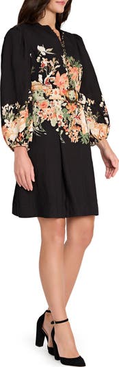 Border Belted Puff Shoulder Dress