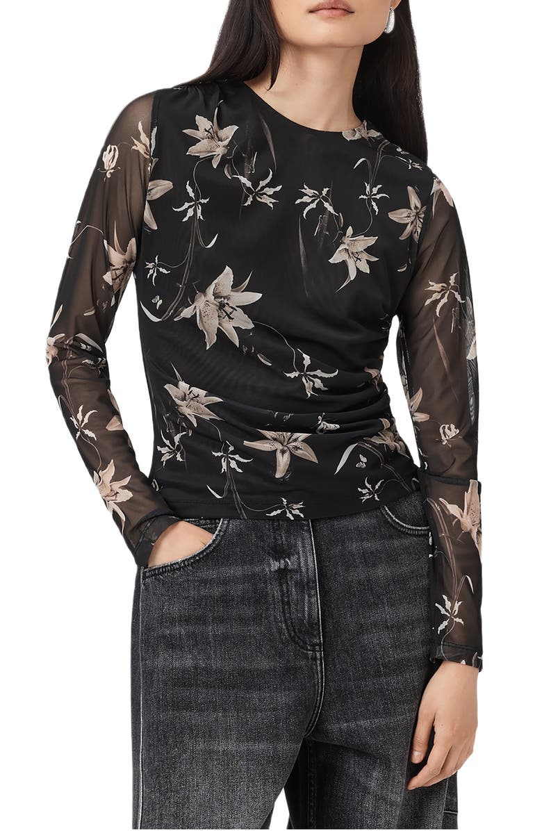 AllSaints Caia Floral Mesh Top, Main, color, Petra Sepia Brown