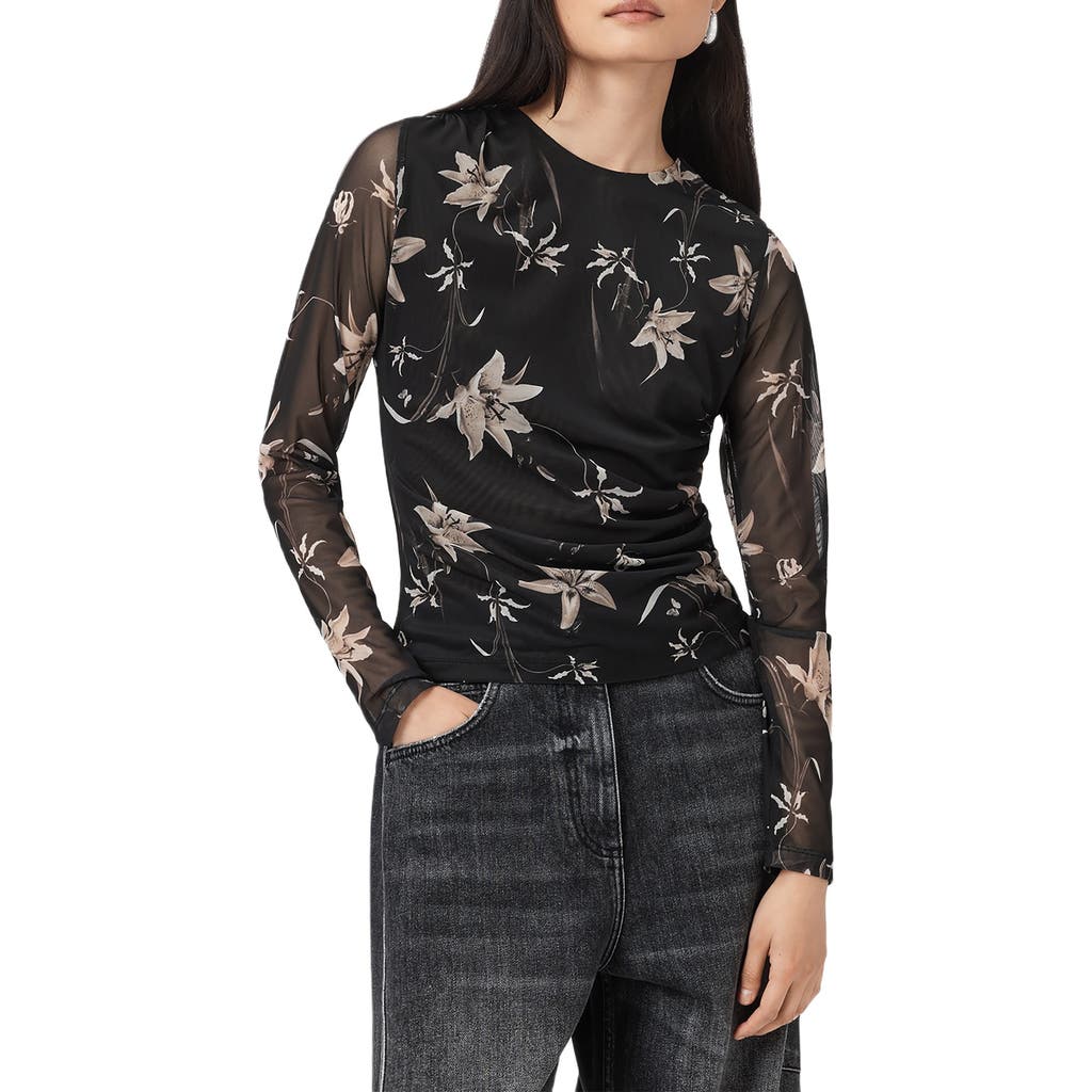 Allsaints Womens Petra Sepia Br Caia Floral-print Stretch-mesh Top In Black
