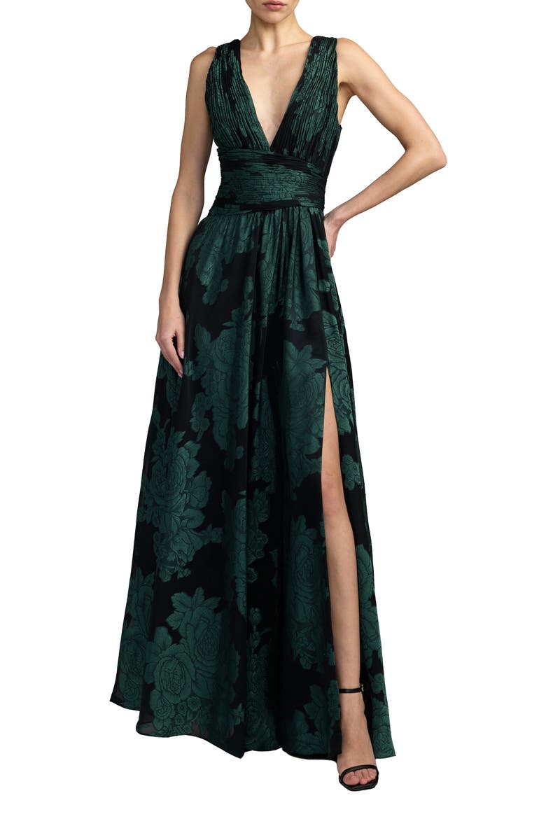 Burnout Chiffon Sleeveless V Neck A Line Gown, Main, color, Emerald Multi