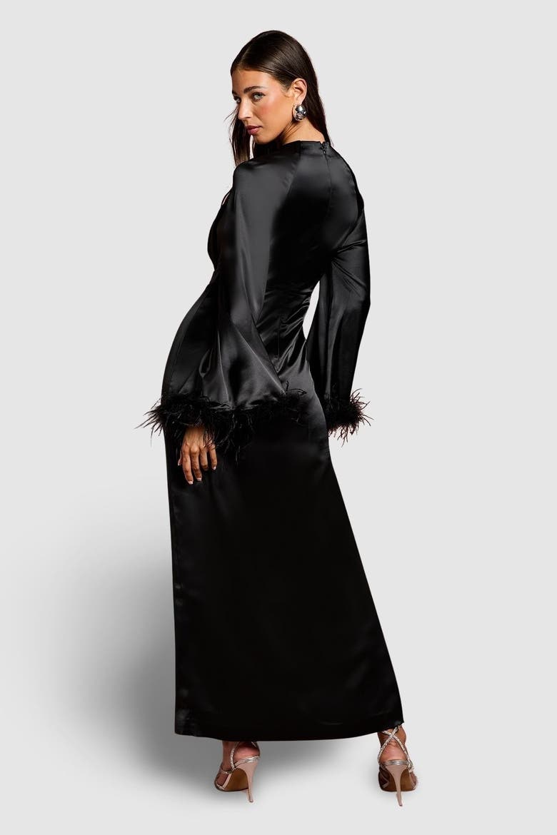 Long Sleeve Trim Satin Maxi Dress, Alternate, color, Black