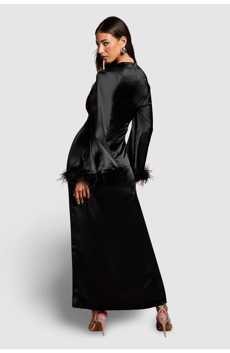 Coast Feather Trim Satin Maxi Dress, Alternate, color, Black