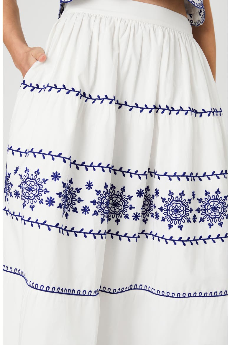 Alissa Embroidered Cotton Midi Skirt, Alternate, color, LINEN WH-ELEC INDIGO
