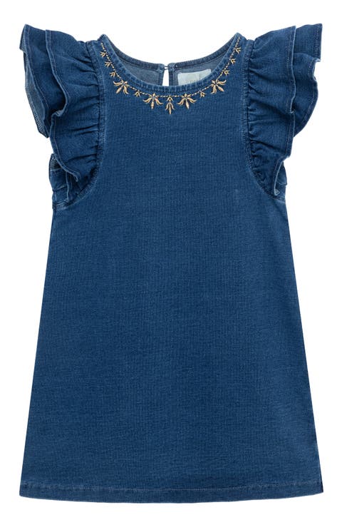Kids' Embroidered Ruffle Sleeve Denim Dress