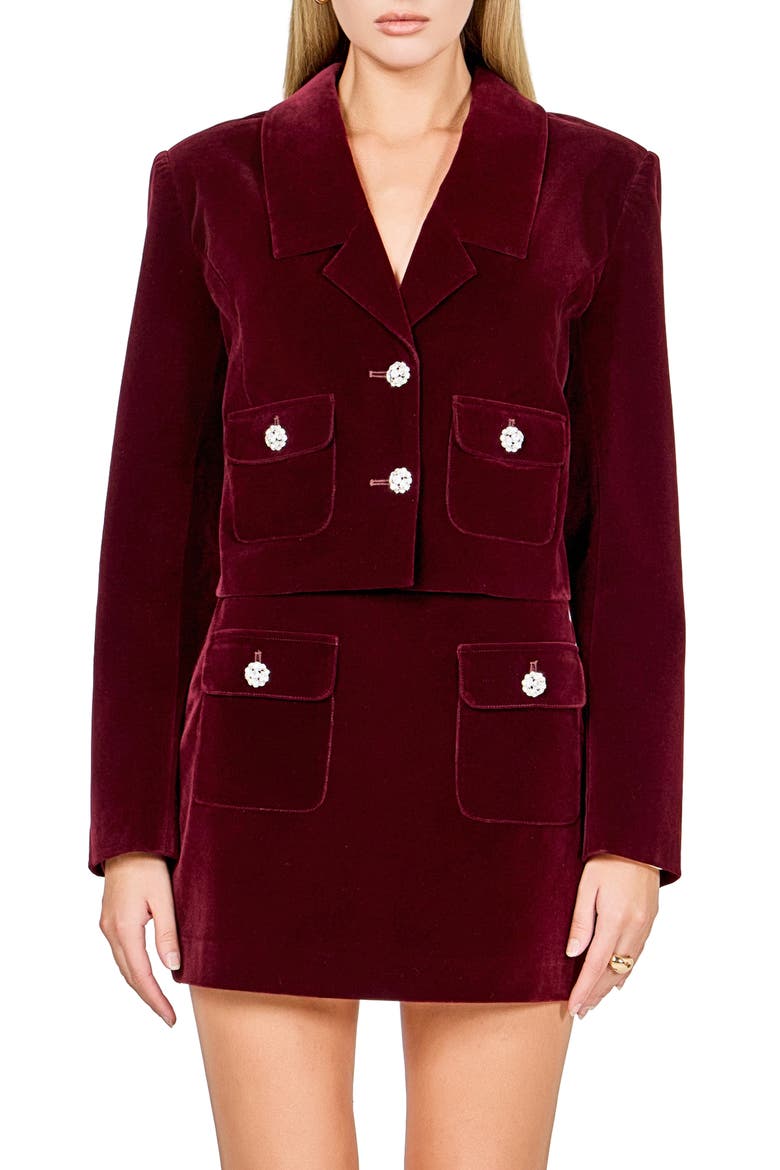 Jeweled Crop Velvet Blazer, Main, color, MERLOT