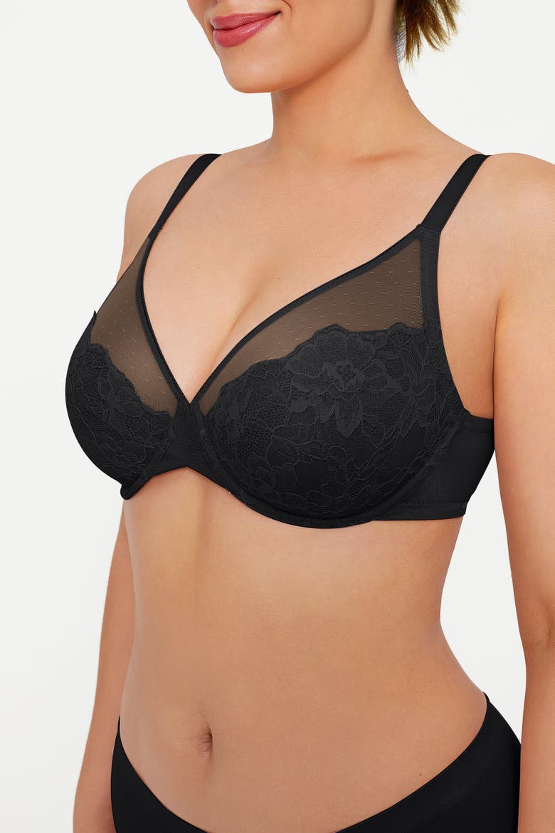 Lightweight Underwire Minimizer Lace Mesh Bra, Alternate, color, Classic black