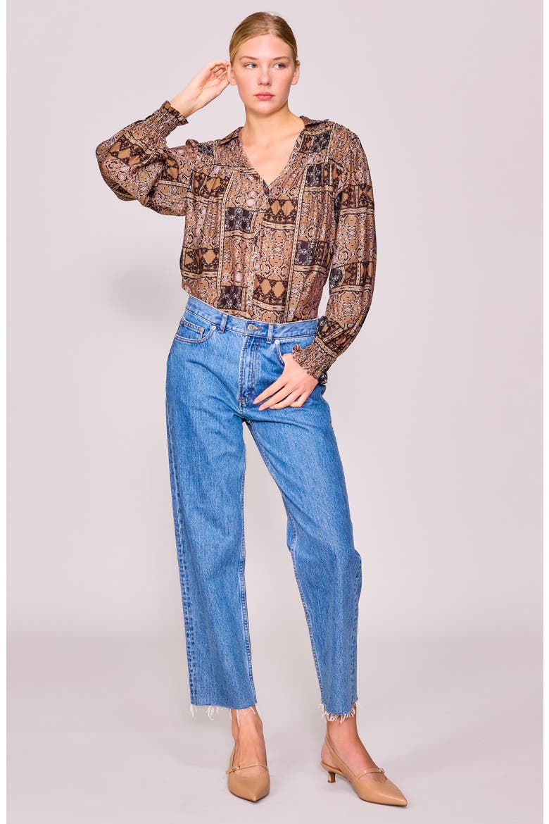 Print Button-Up Shirt, Alternate, color, DARK TAUPE PATCHWORK