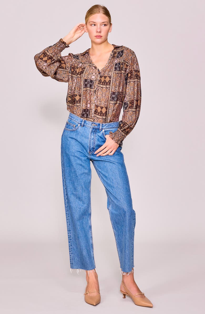 MELLODAY Print Button-Up Shirt, Alternate, color, Dark Taupe Patchwork