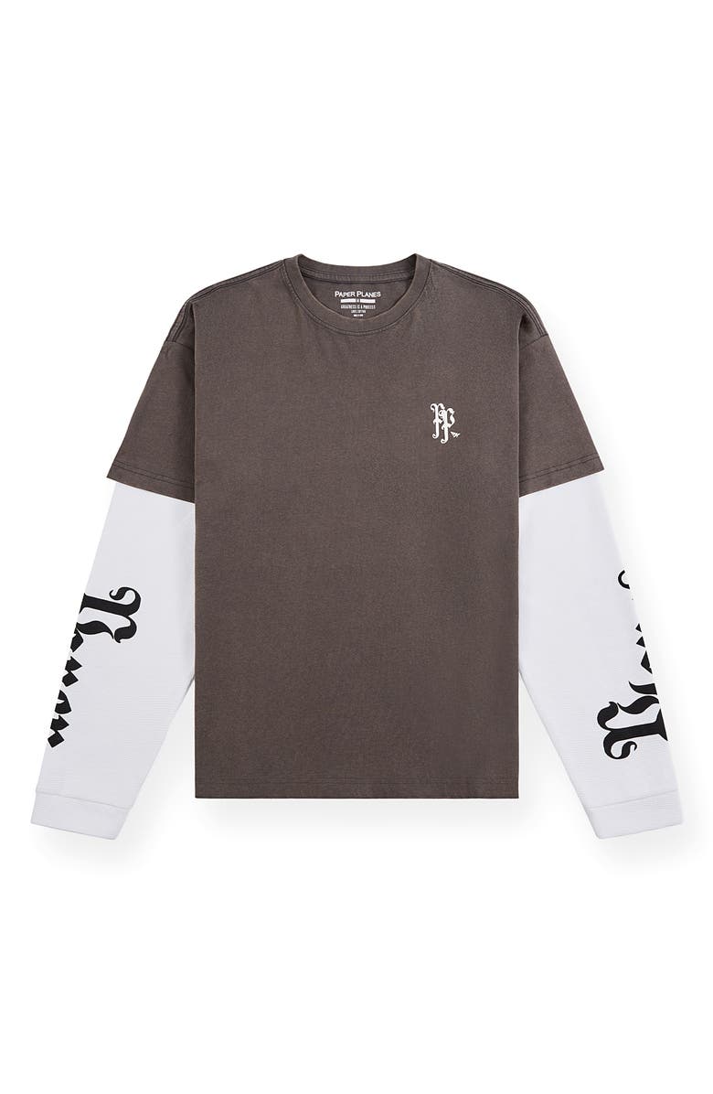 PAPER PLANES Old English Layered Look Graphic T-Shirt, Main, color, Washed Black