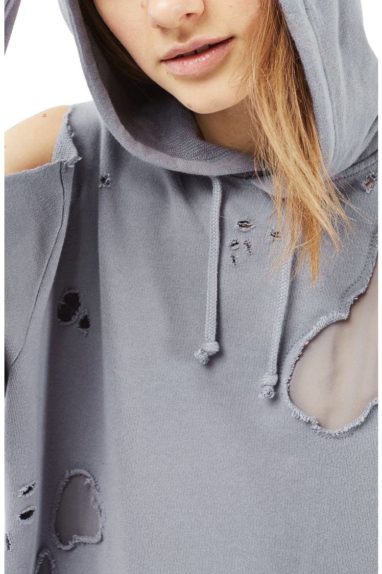 Distressed Cold Shoulder Hoodie, Main, color, LIGHT BLUE