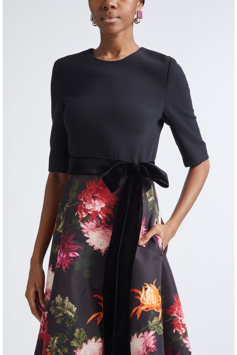 Chrysanthemum Print Crepe, Velvet & Faille Fit & Flare Midi Dress, Alternate, color, BLACK MULTI
