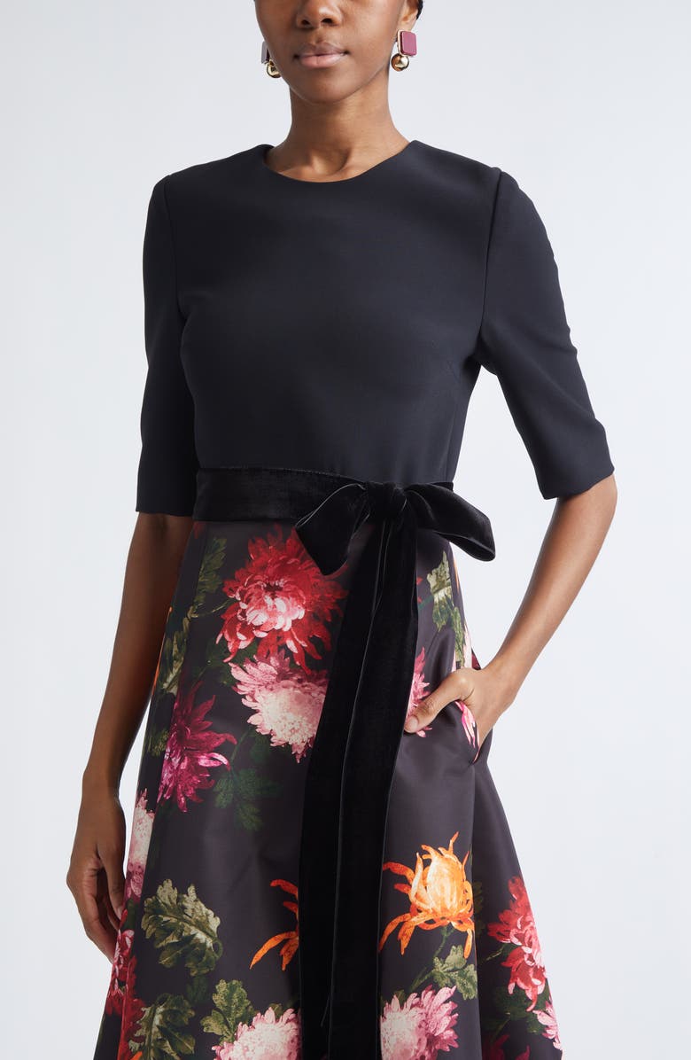 Carolina Herrera Chrysanthemum Print Crepe, Velvet & Faille Fit & Flare Midi Dress, Alternate, color, Black Multi