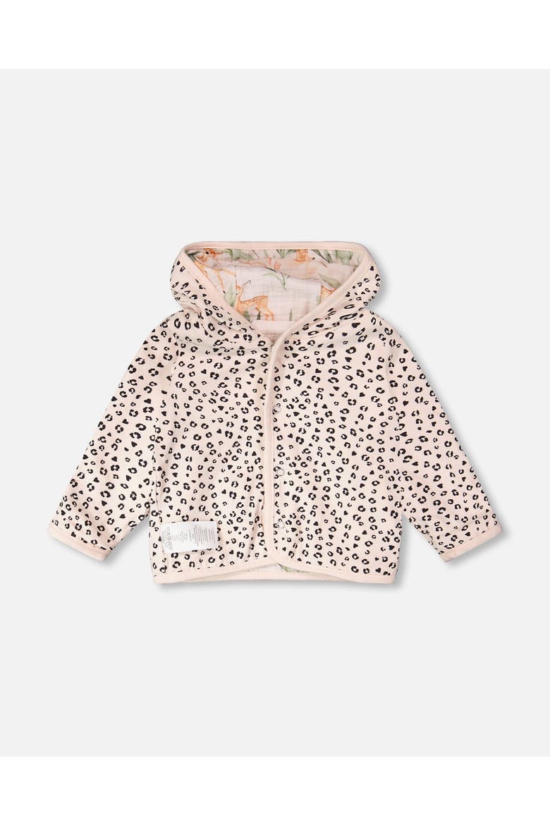 Muslin and Organic Cotton Jersey Reversible Deer and Leopard Printed Hooded Jacket, Alternate, color, Peach Deer Print