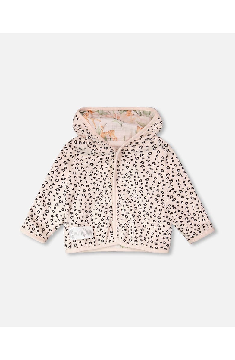 Deux par Deux Muslin and Organic Cotton Jersey Reversible Deer and Leopard Printed Hooded Jacket, Alternate, color, Peach Deer Print