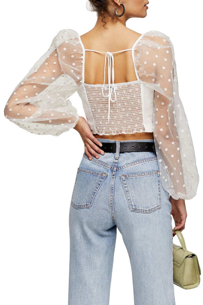 Spot Organza Ruched Corset Top, Alternate, color, WHITE
