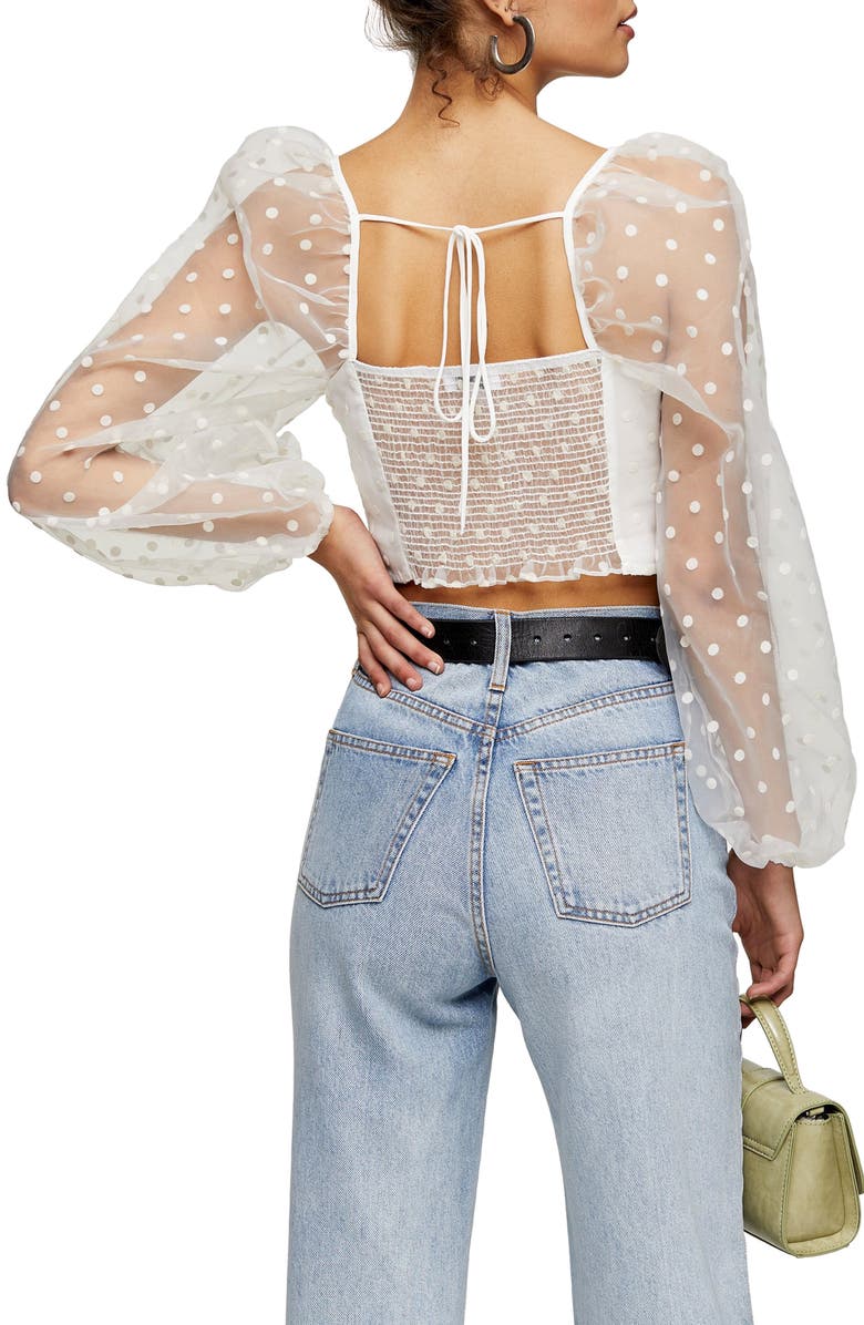 Topshop Spot Organza Ruched Corset Top, Alternate, color,