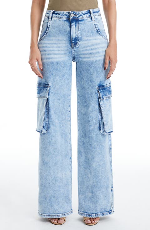 High Waist Flare Leg Cargo Jeans