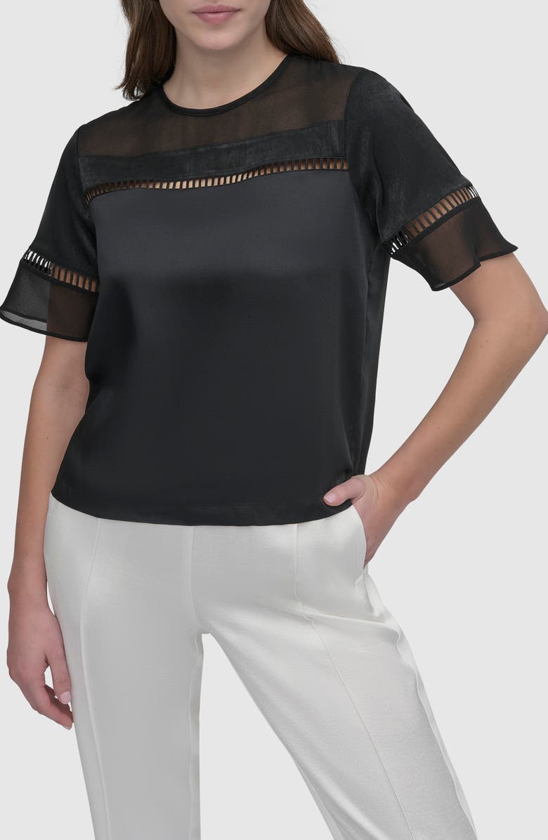 DKNY Ladder Embroidery Short Sleeve Woven Shirt, Main, color, Black