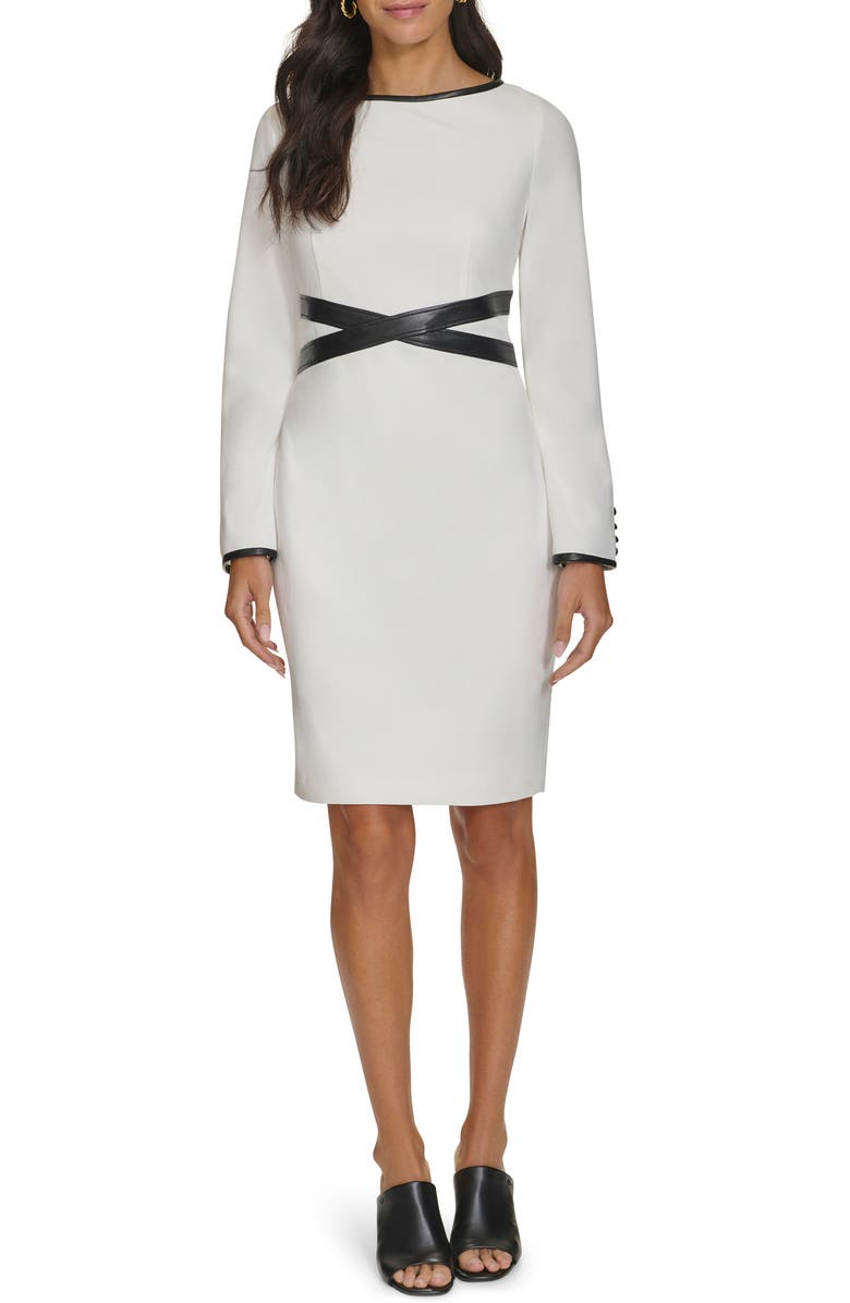 Calvin Klein Long Sleeve Faux Leather Trim Sheath Dress, Main, color, 