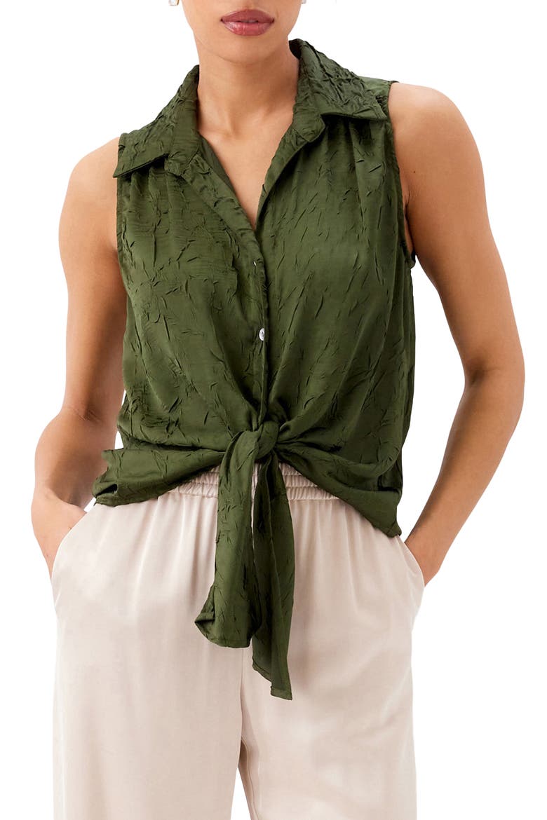 Sleeveless Tie Front Crushed Satin Top, Main, color, OLIVE