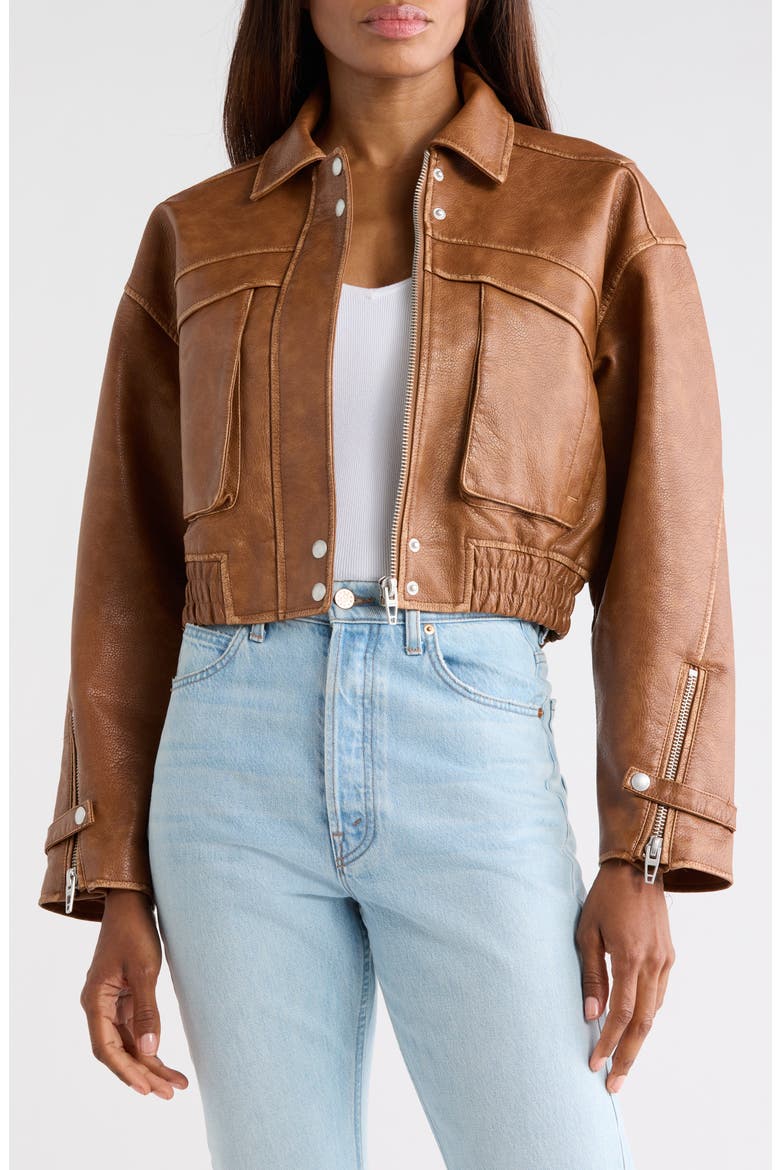 Faux Leather Bomber Jacket, Main, color, GOLDEN TAN