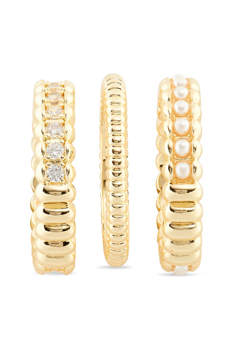 Set of Three CZ & Faux Pearl Stackable Rings, Alternate, color, GOLD
