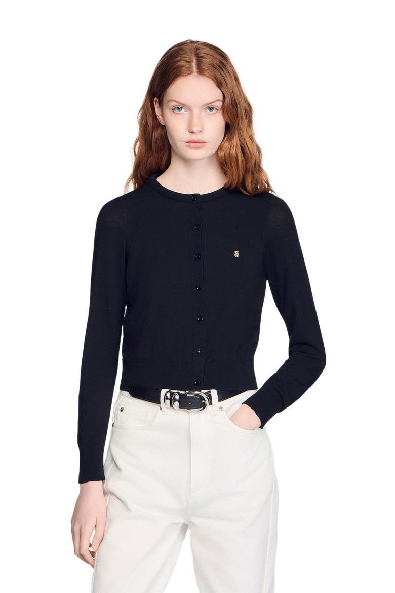 Cropped padded round neck cardigan, Main, color, Black