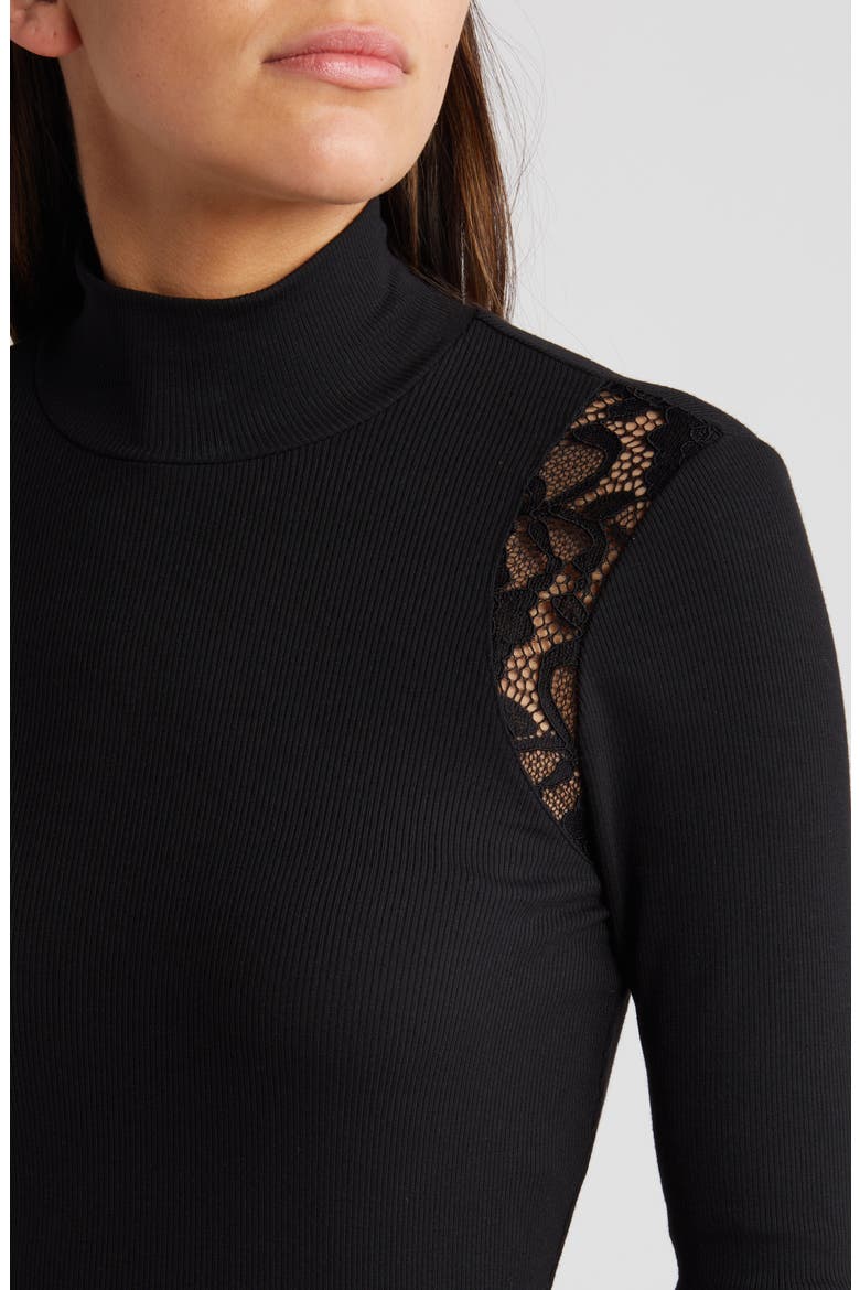 Astora Lace Detail Rib Mock Neck Top, Alternate, color, BLACK