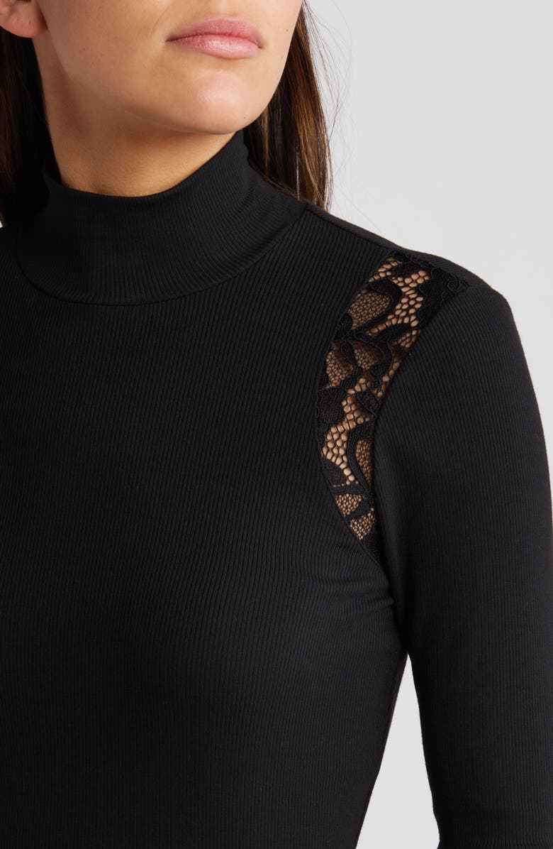 PAIGE Astora Lace Detail Rib Mock Neck Top, Alternate, color, Black